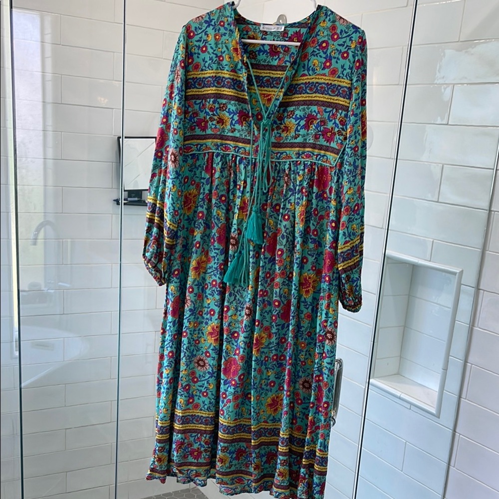 Floral Bohemian Dress - Teal and Multicolor